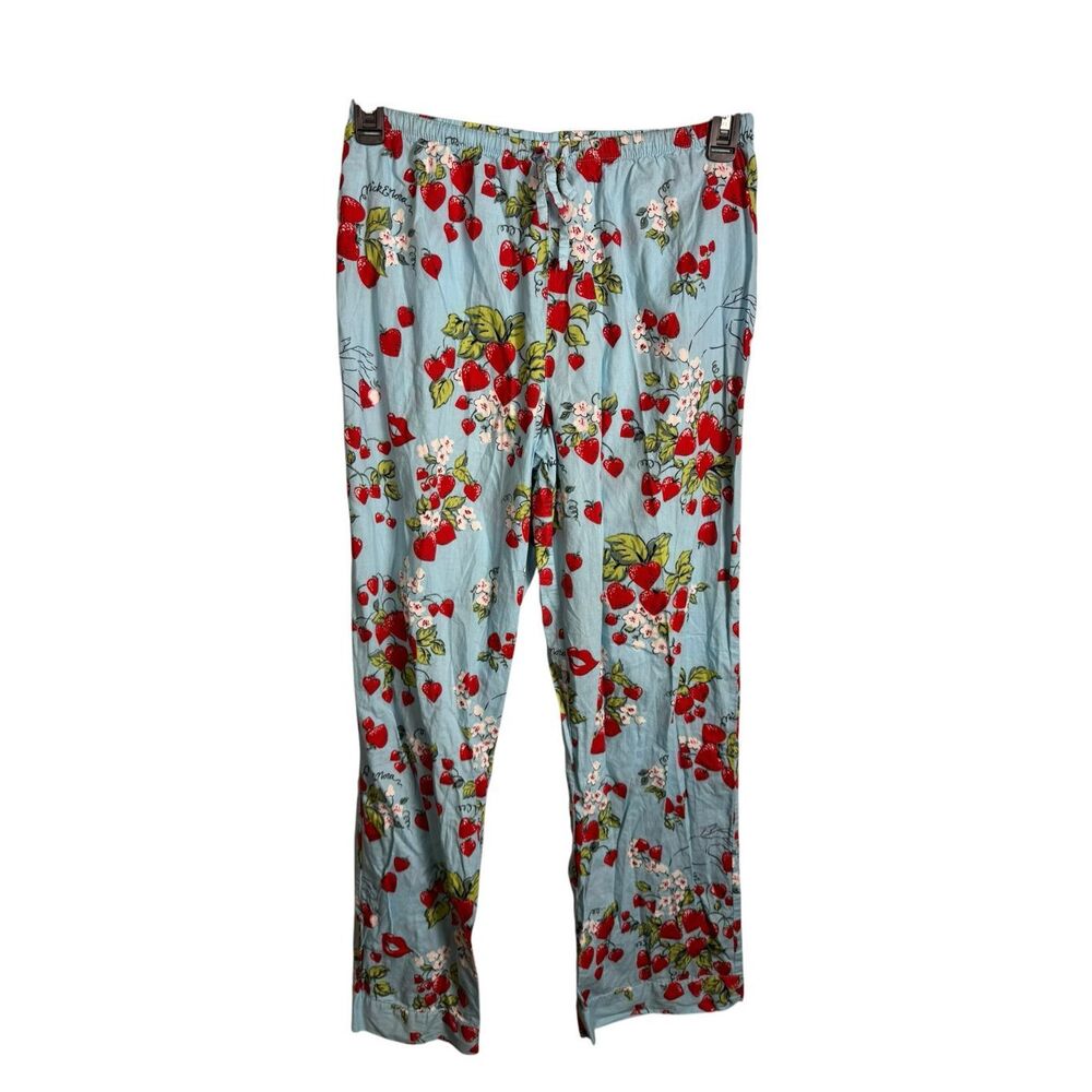 Nick & Nora Strawberry Kisses Pajama Pants Sz Small Blue Cotton Sleep Lounge